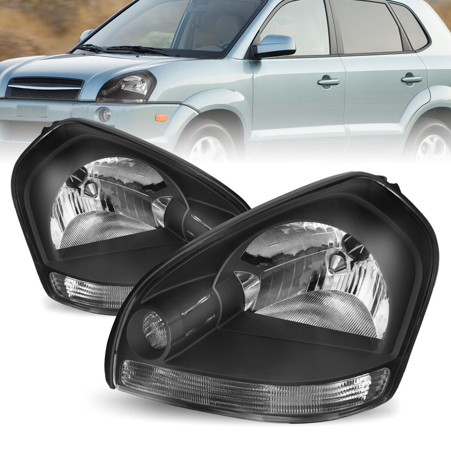 For 2005-2009 Hyundai Tucson Black Headlamps Pairs Headlights 05-09 L+R Sets