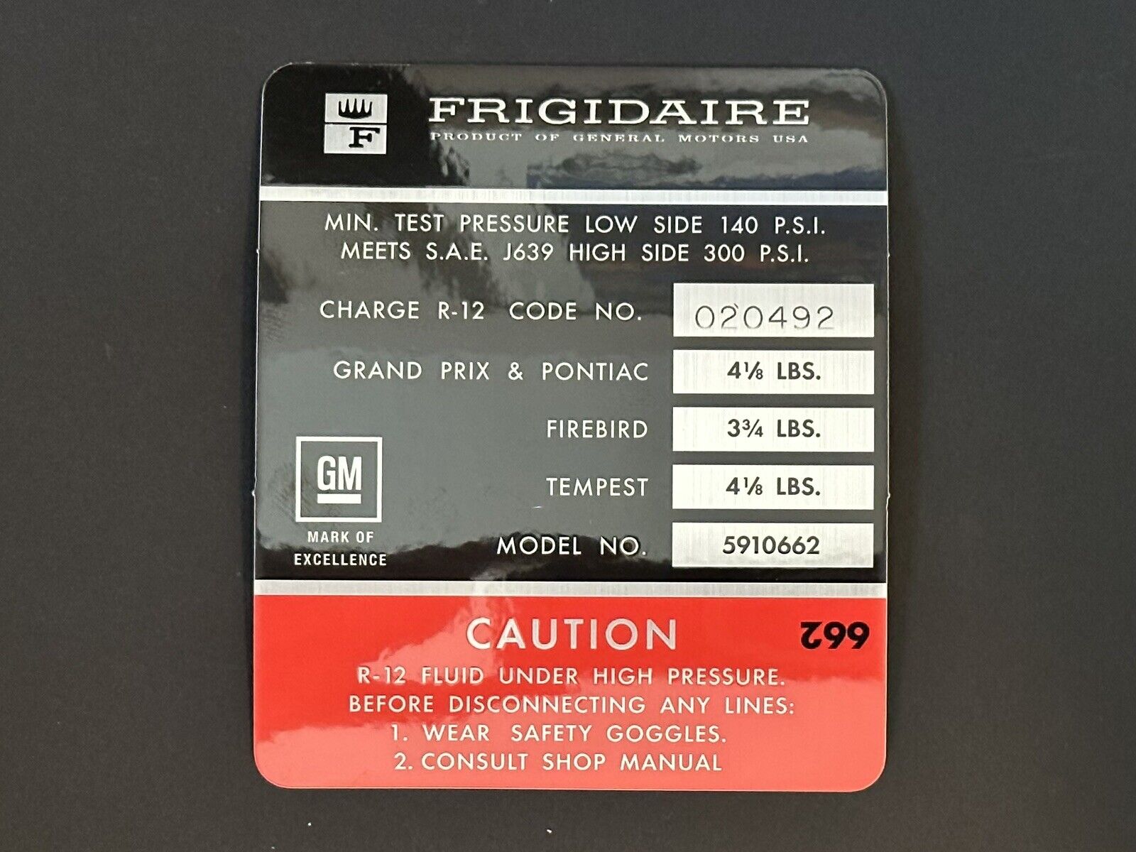 1968 69 Pontiac Gto Firebird  Frigidaire AC Compressor Decal [CORRECT]