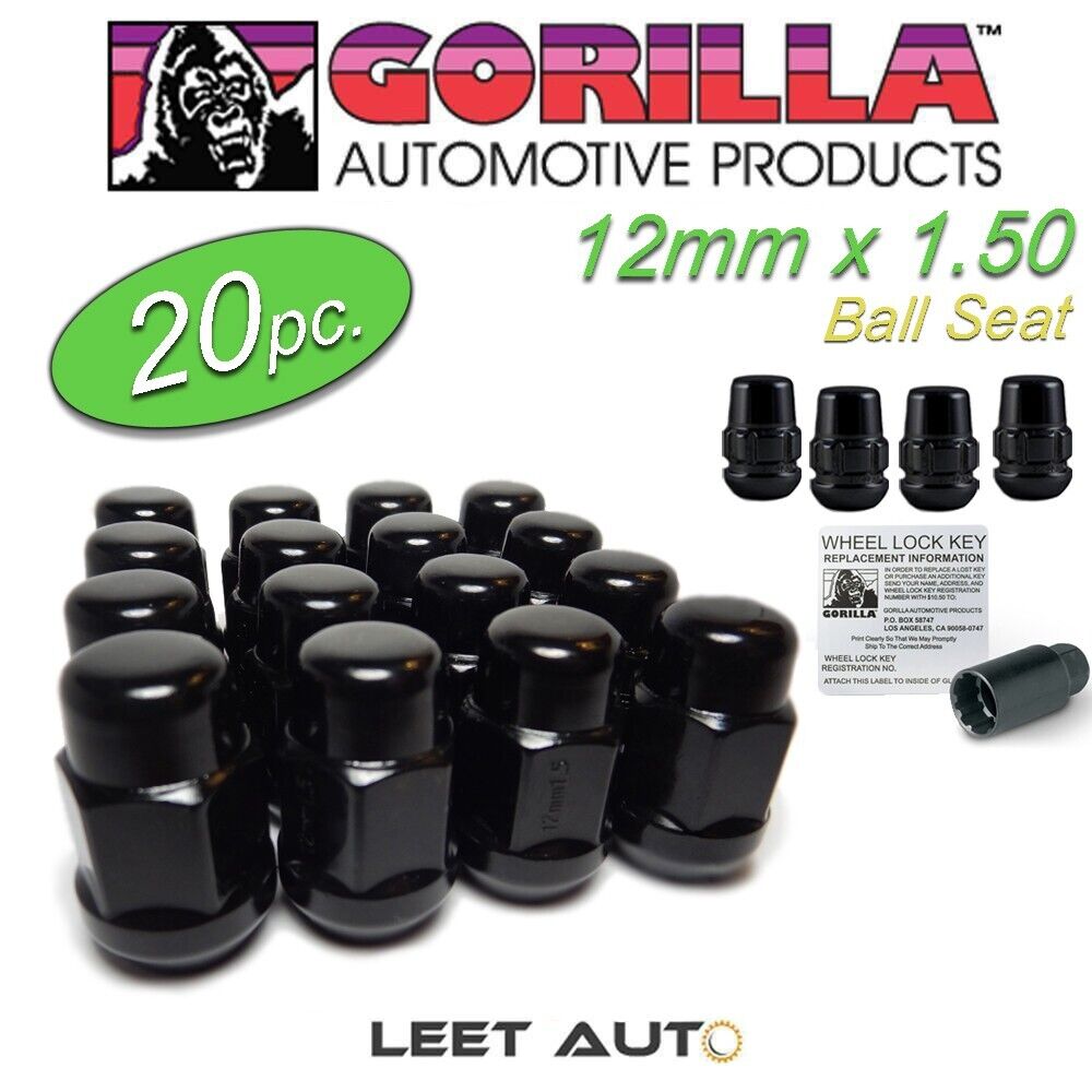 (20pc.) Gorilla Black Lug Nuts + Wheel Locks, Honda/Acura Ball Seat, 12mm x 1.50