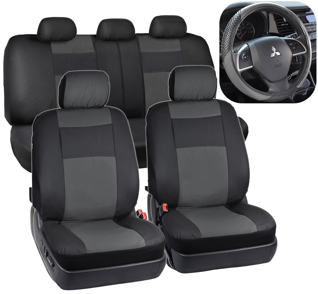 Black & Gray Synthetic Leather Seat Covers for Car SUV Auto Steering Wheel Cover