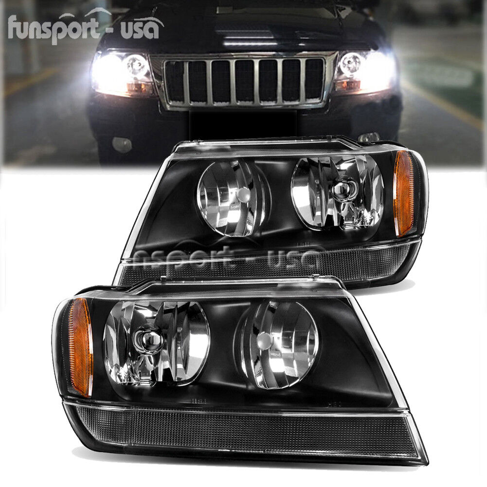 Headlights for 1999-2004 Jeep Grand Cherokee Black Housing Amber Side Headlamps