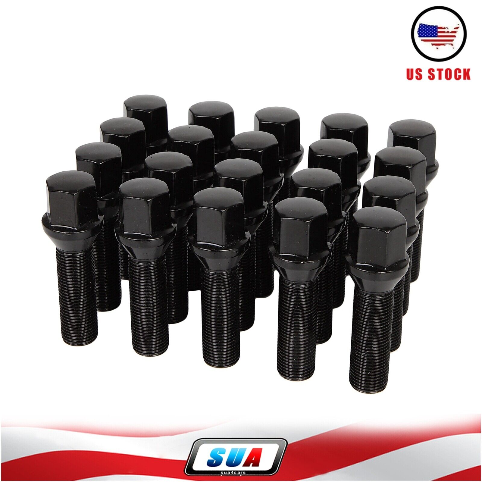Set 20 14x1.25 Black Lug Bolts Nuts Cone Seat Extended 40mm Shank For BMW Mini