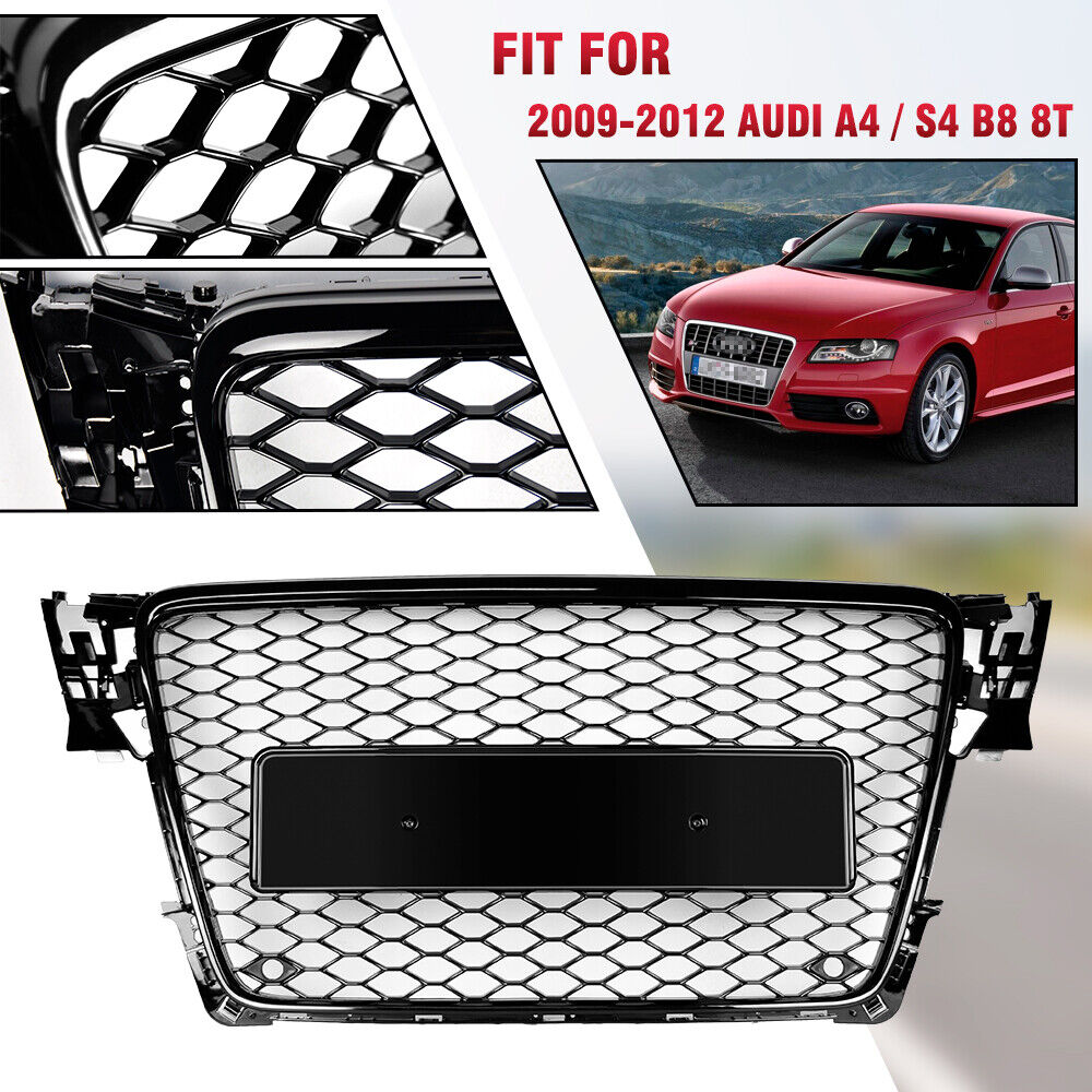 For 09-12 Audi A4 / S4 B8 8T RS4 Style Honeycomb Mesh Grille Grill-Bright Black