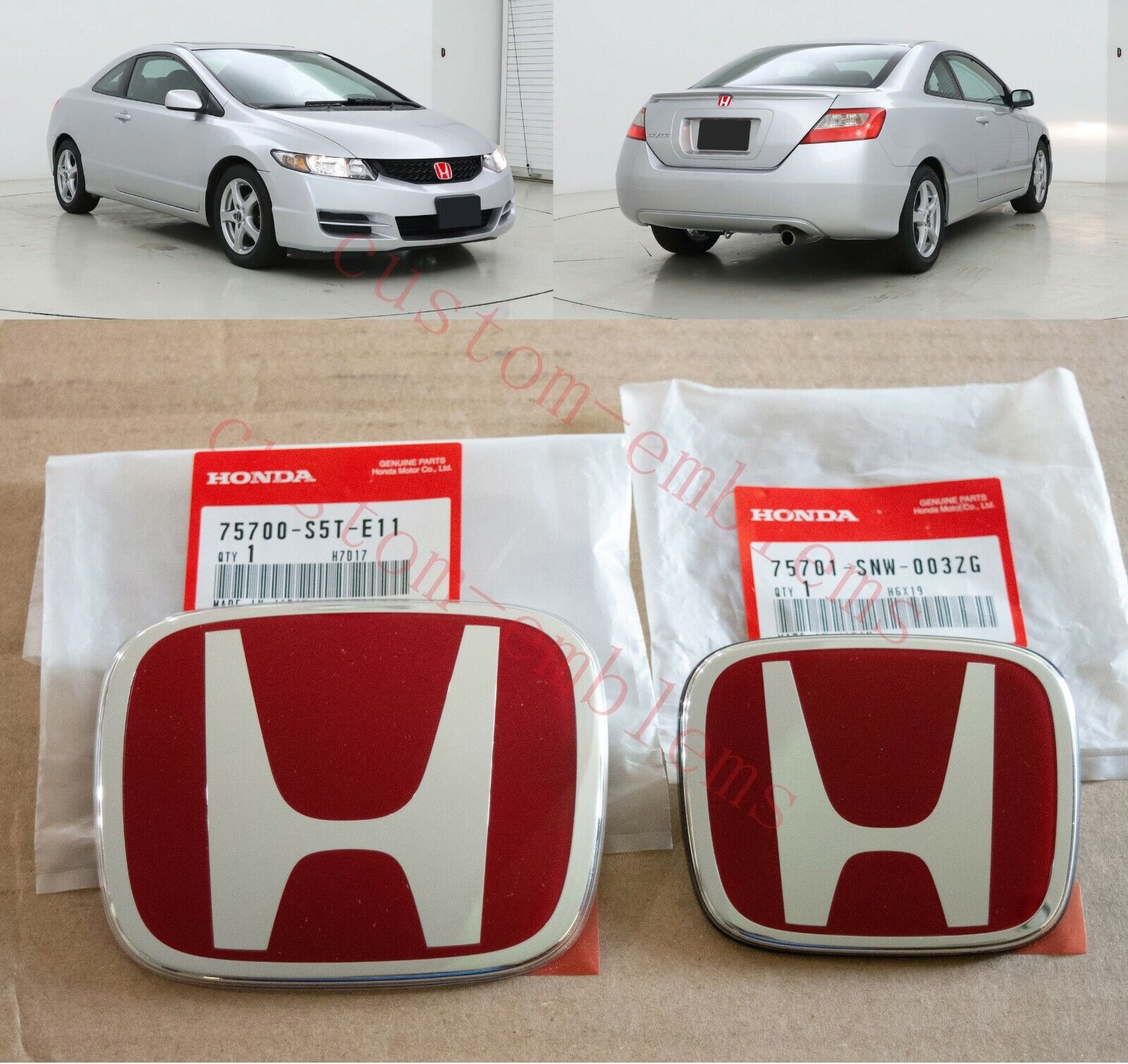 06-11 Honda Civic 2DR Coupe JDM RED H Type R - Front Rear Emblem 2PCS Set EX SI