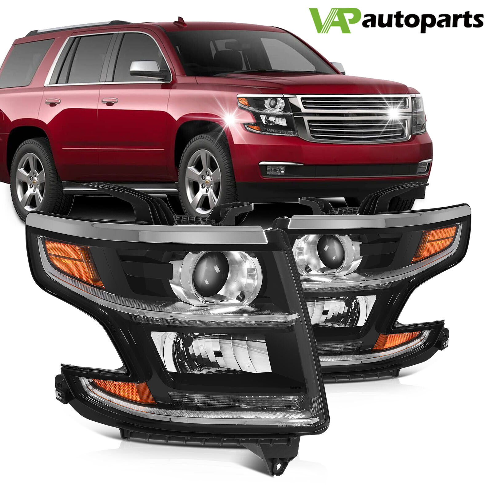 For Chevy Tahoe Suburban 2015-2020 Black Headlights Assembly Replacement Pair