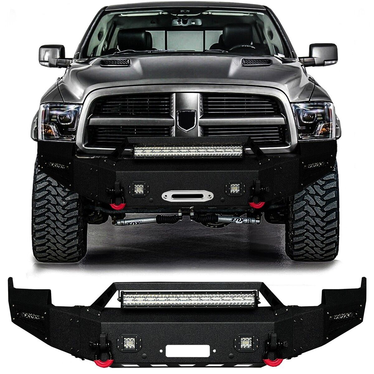 Vijay For 2009-2012 Ram 1500 Textured Steel Front Bumper w/Winch Plate and Light