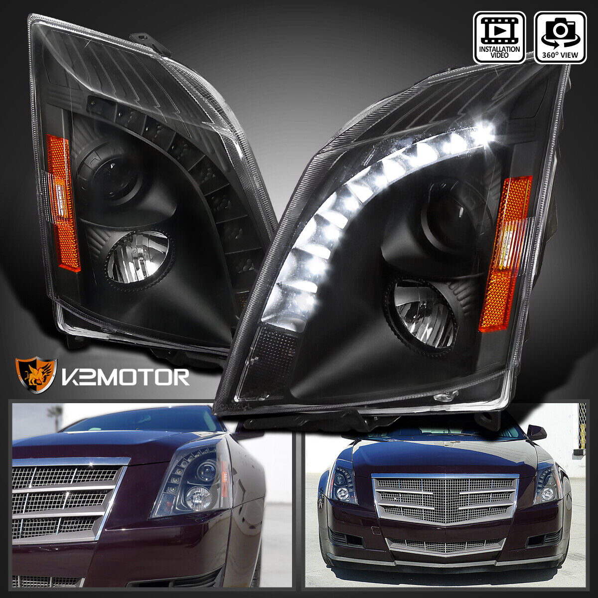 Black Fits 2008-2014 Cadillac CTS LED Strip Projector Headlights Lamps L+R 08-14