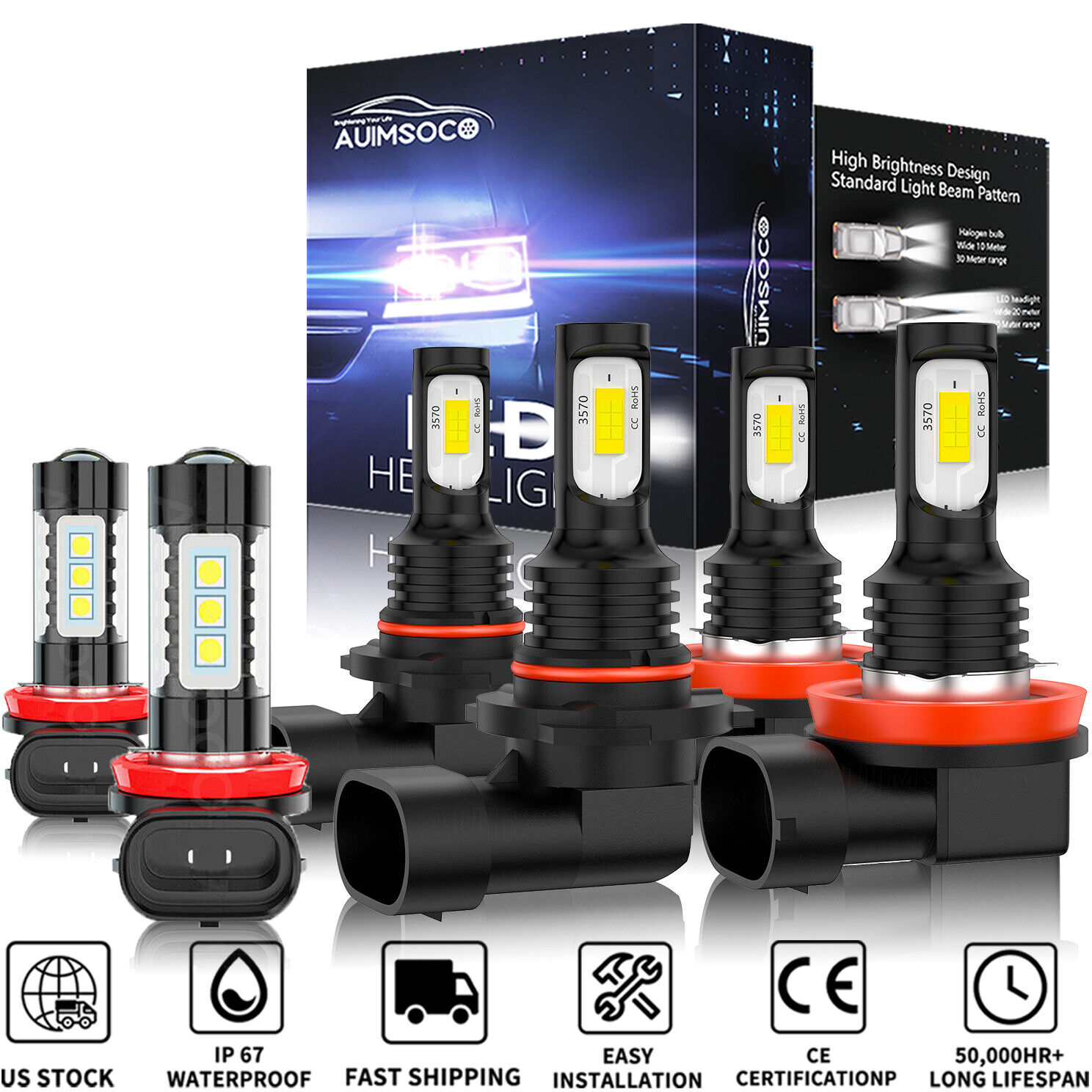 For Honda Accord 2008-2015 Front LED Headlights Hi-Low Beam + FogLight Bulbs Kit
