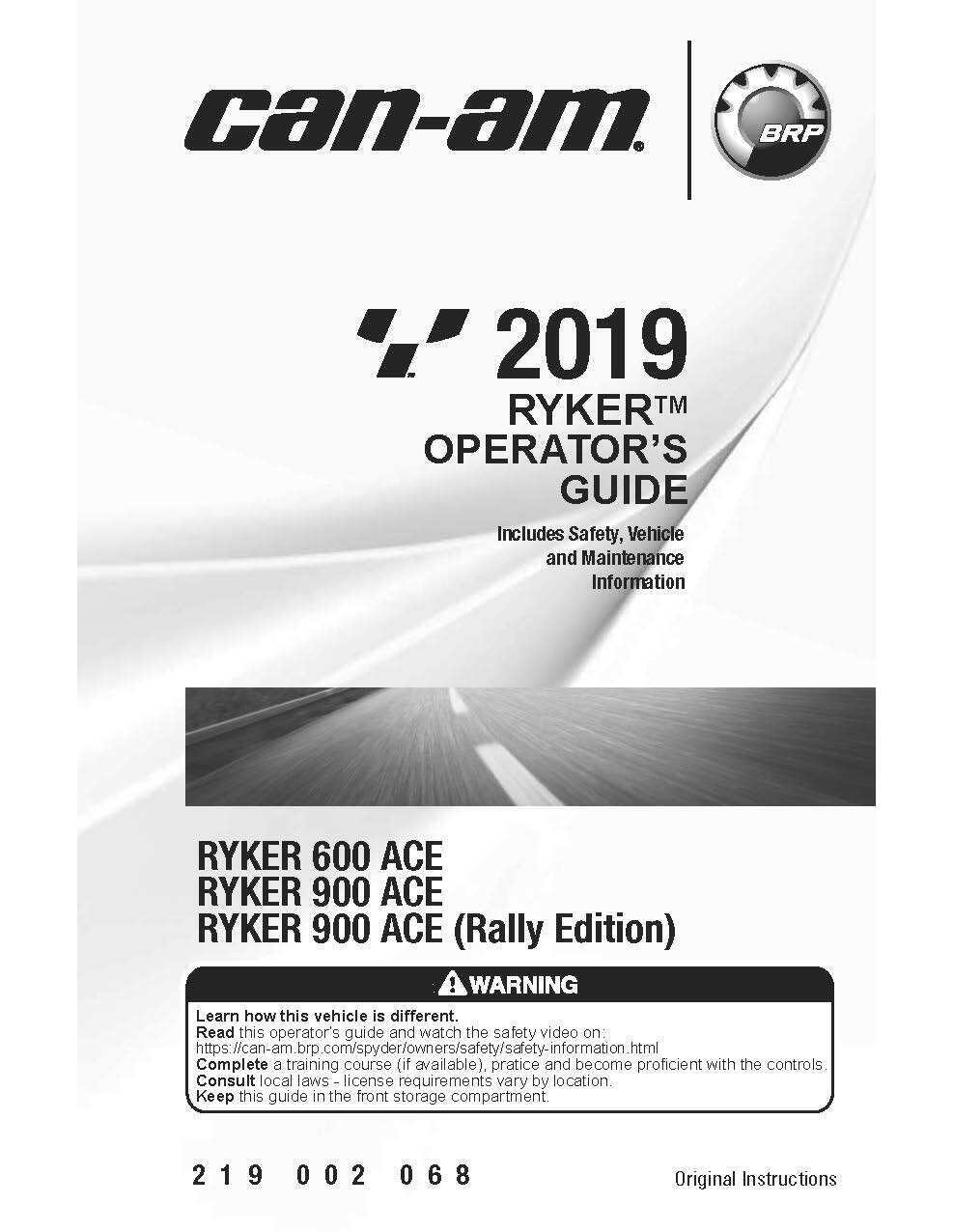Can Am Owners Manual Book 2019 RYKER 900 ACE (Rally Edition)