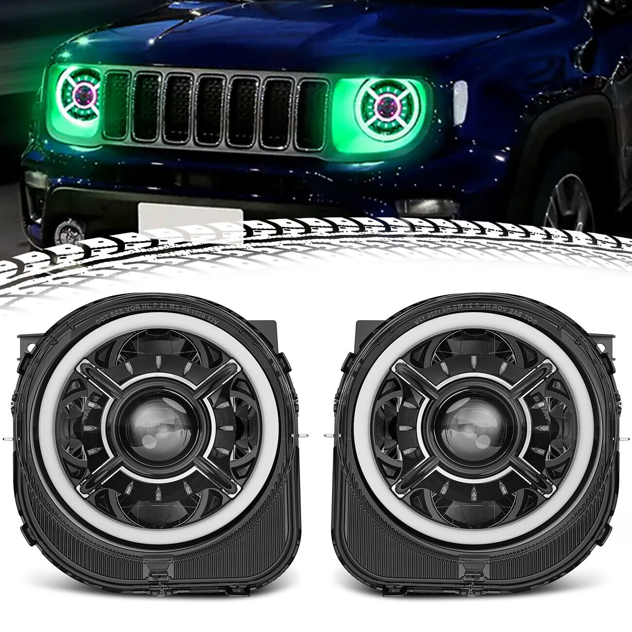 For 2015-2021 Jeep Renegade 9 Inch LED Headlights Hi/Lo Beam DRL Halo RGB Color