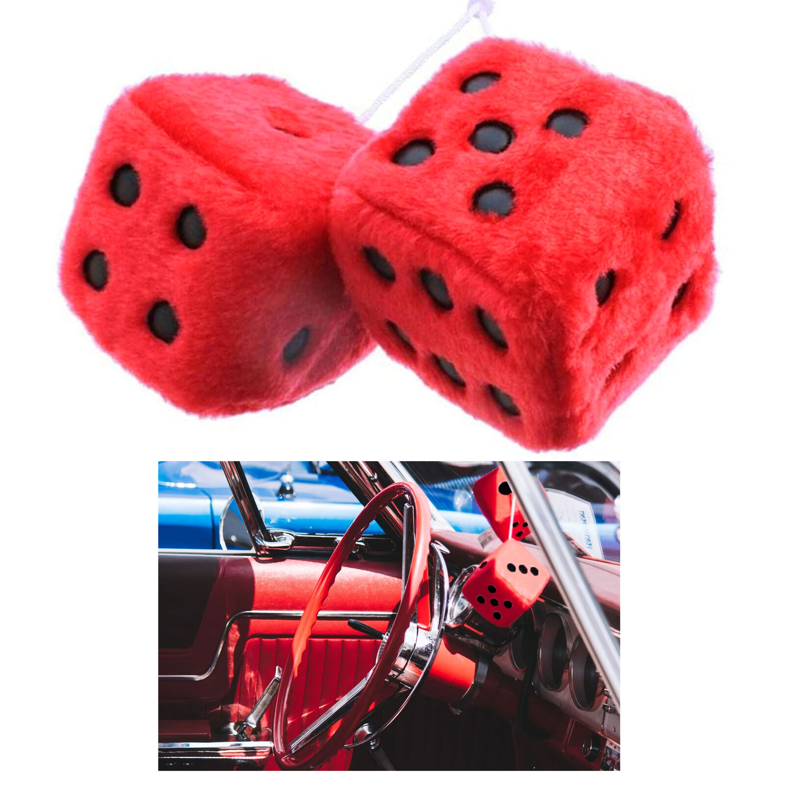1 Pair Red Fuzzy Dice Vintage Car Plush Decor Hanging Rearview Mirror 2.25\