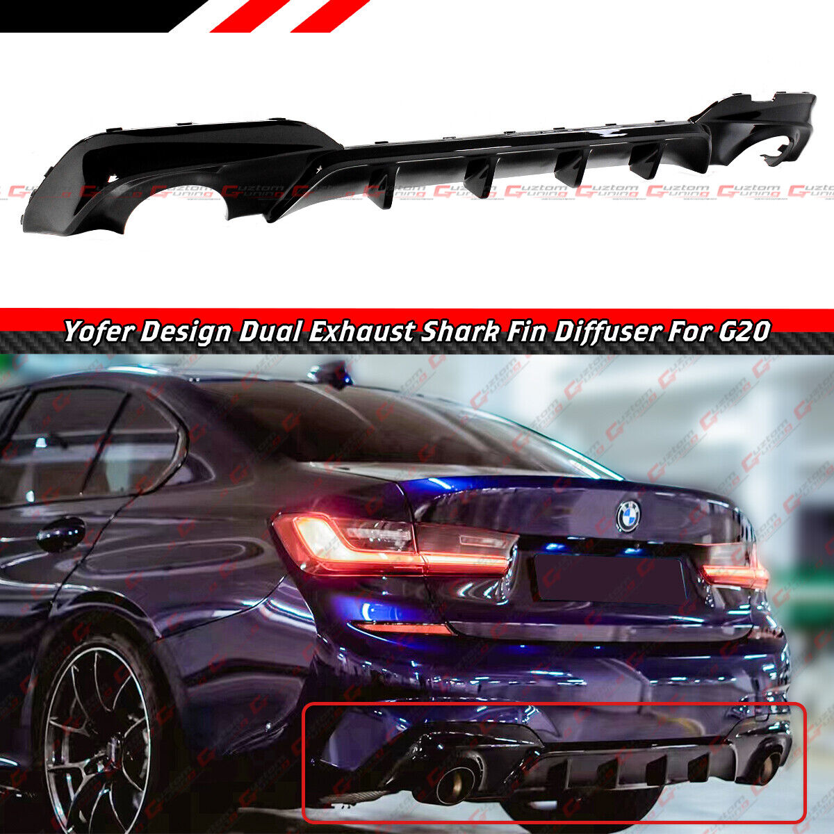 FOR 19-22 BMW G20 3 SERIES M SPORT YOFER GLOSS BLACK DUAL EXHAUST REAR DIFFUSER