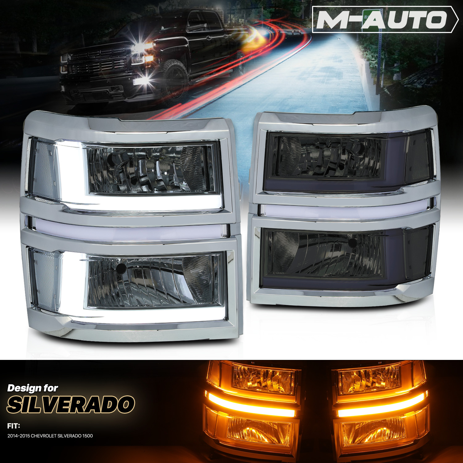 L+R[LED DRL+TURN SIGNAL LIGHT BAR]Smoke Headlight for 14-15 Chevy Silverado 1500