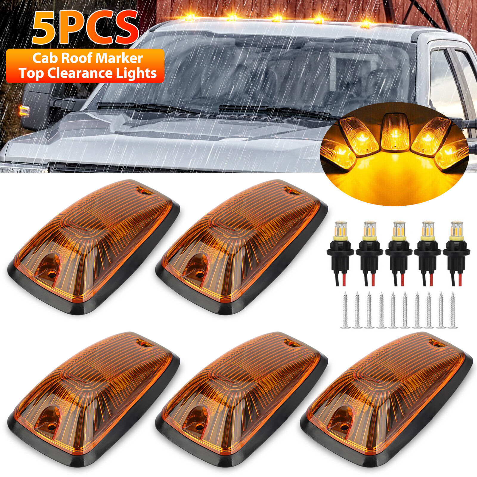 5x Clear Lens Amber LED Cab Marker Roof Light for 88-02 Chevy/GMC Pickup Trucks