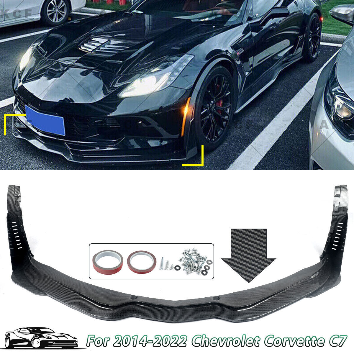 For 14-19 Corvette C7 Z06 Stage 3 Carbon Look Front Lip Splitter + Side Winglets