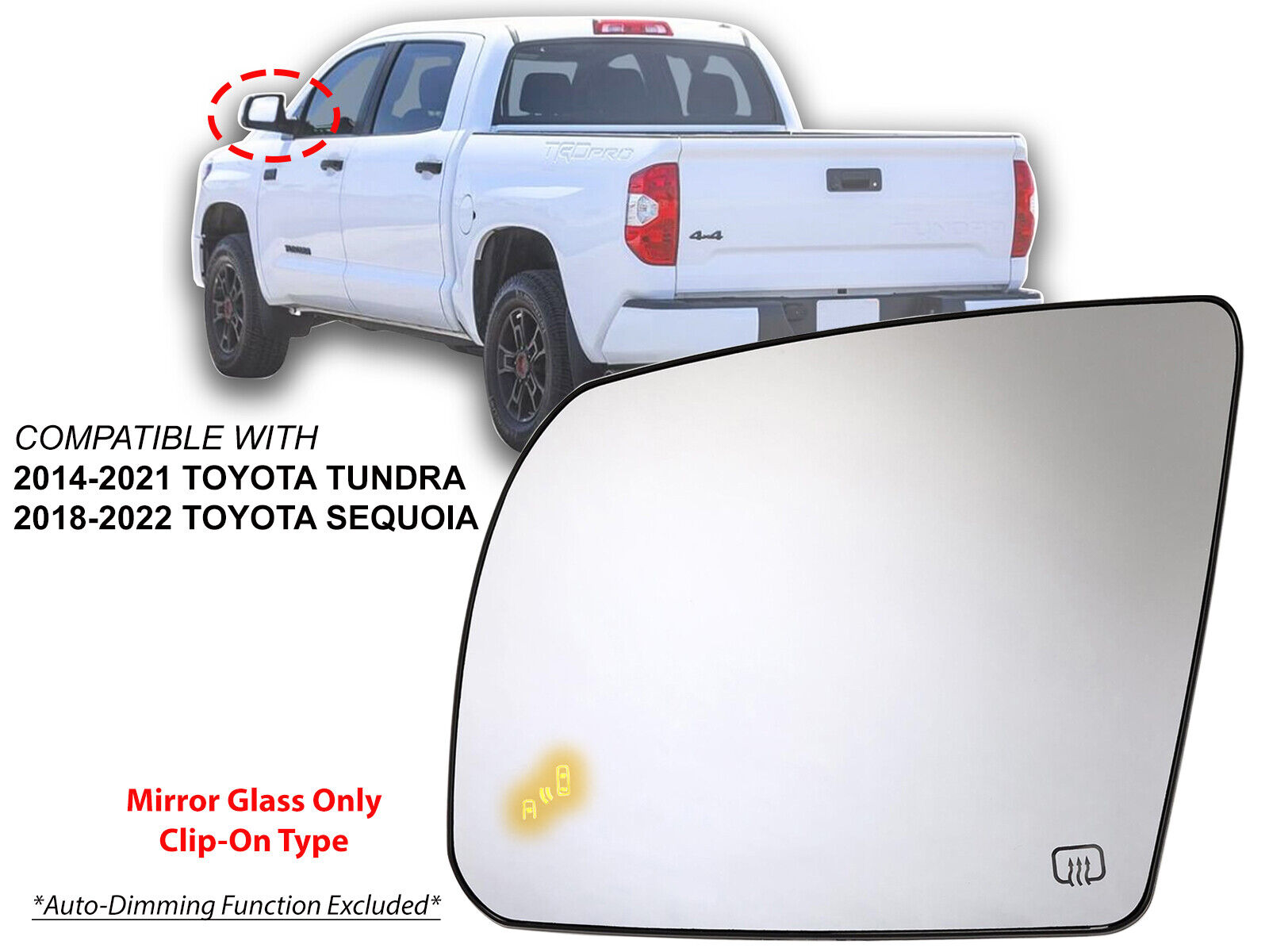 For Mirror Glass W/ Blind Spot Toyota 2014-21 Tundra 2018-22 Sequoia Driver Side
