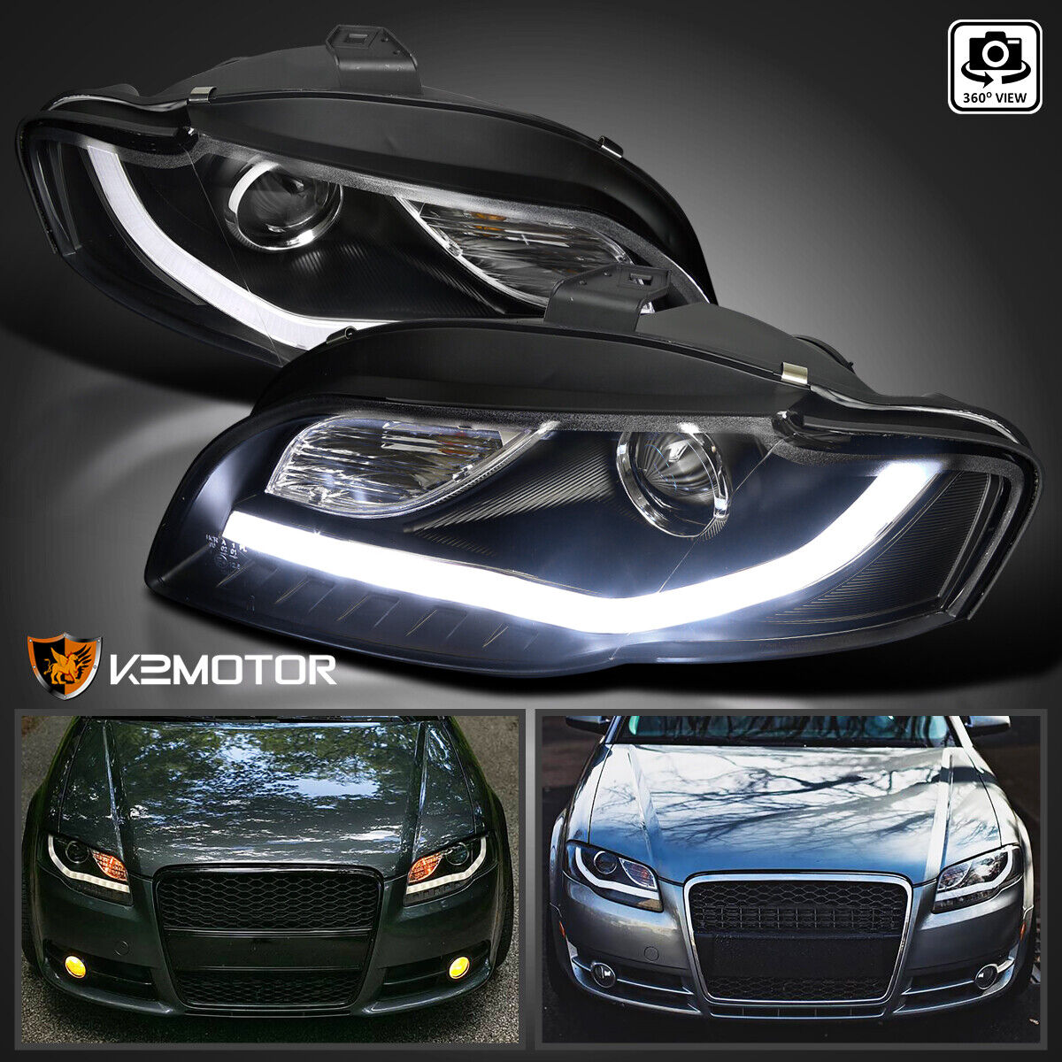 Black Fits 2006-2008 Audi A4 LED Tube Projector Headlights Lamps Left+Right