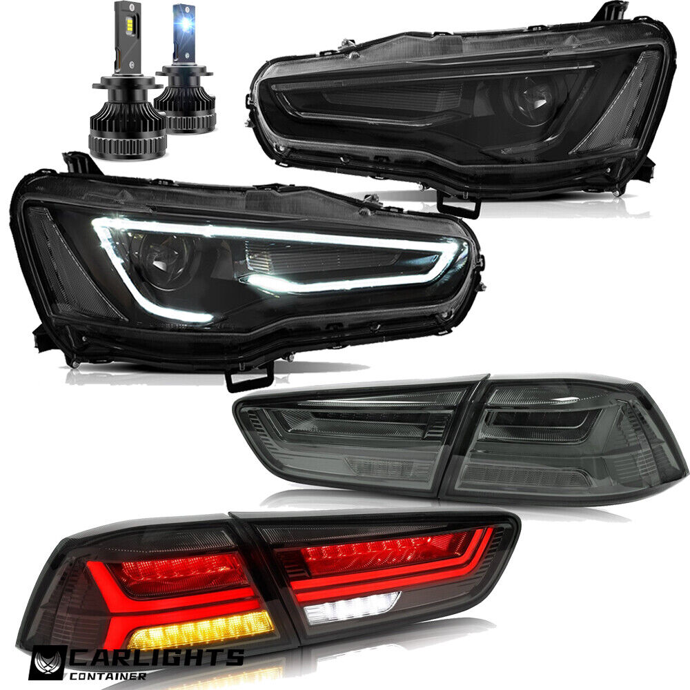 BLACK Headlights + Taillights + LED Bulbs For Mitsubishi  Lancer & EVO X 2008-17