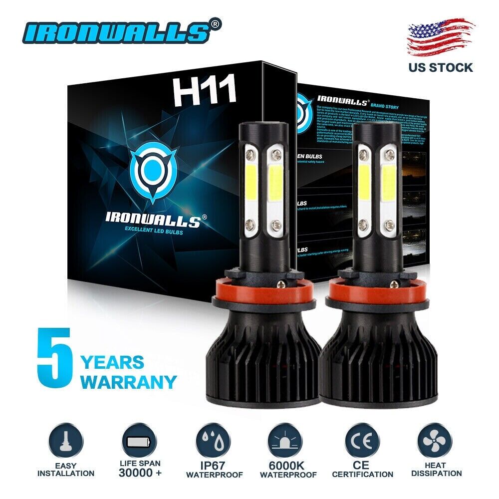 IRONWALLS H11 LED Headlight Kit Low Beam Bulbs 2400W 360000LM 6000K White Bright