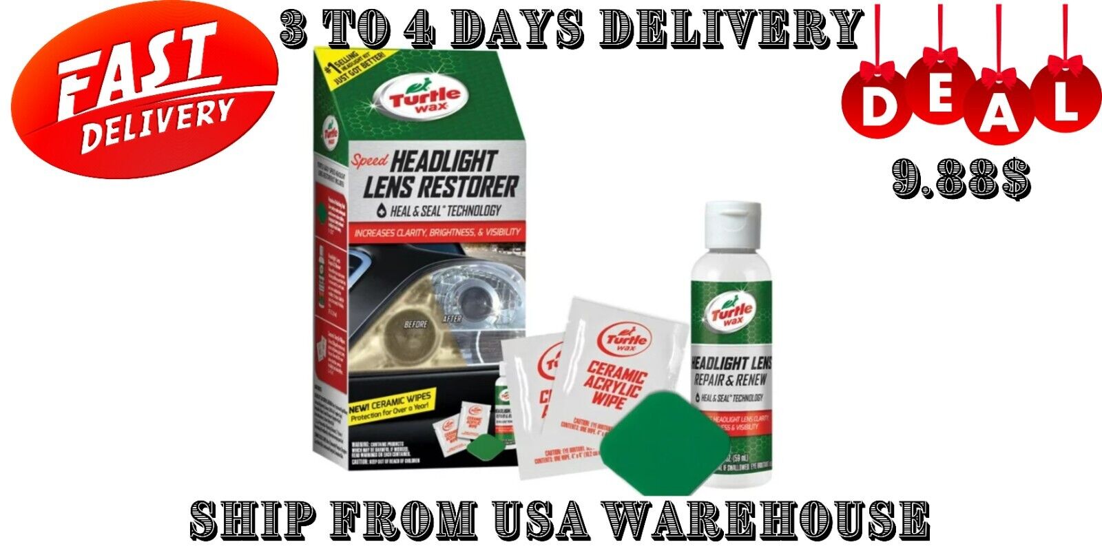 Turtle Wax New Speed Headlight Lens Restorer Kit, Heal and Seal fast shipping