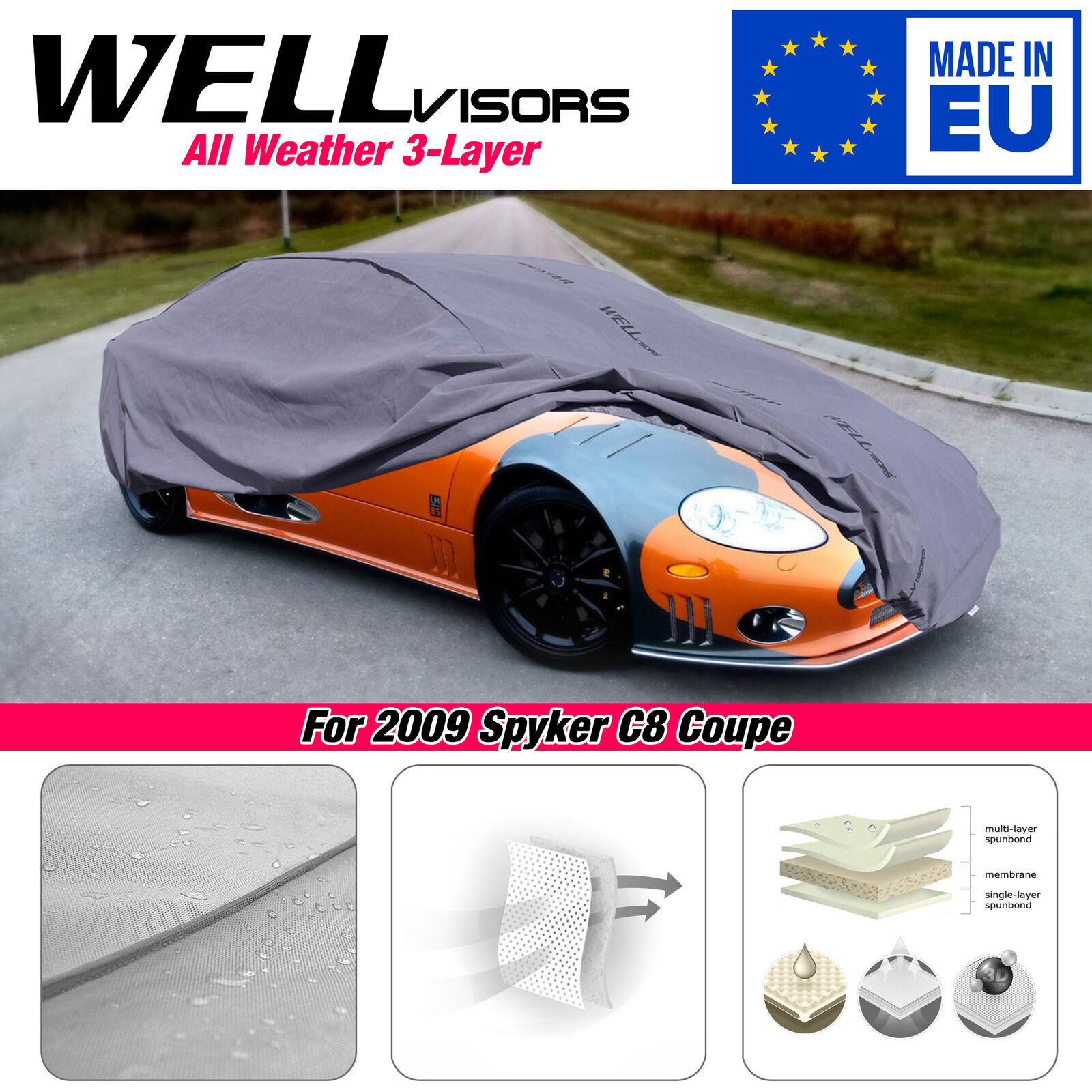 WELLvisors Water Resistant Car Cover 3-6898615ACE For 2009-2009 Spyker C8 Coupe