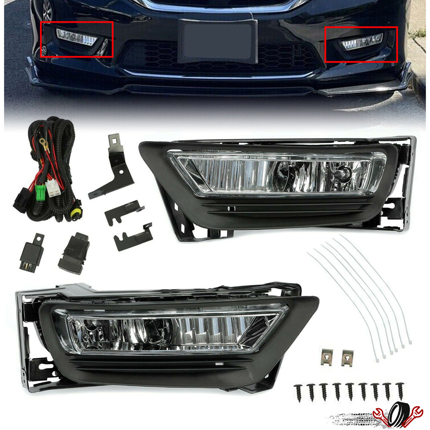 L+R Front Bumper Fog Lights Lamps Assembly For 2013-2015 Honda Accord Sedan 4Dr