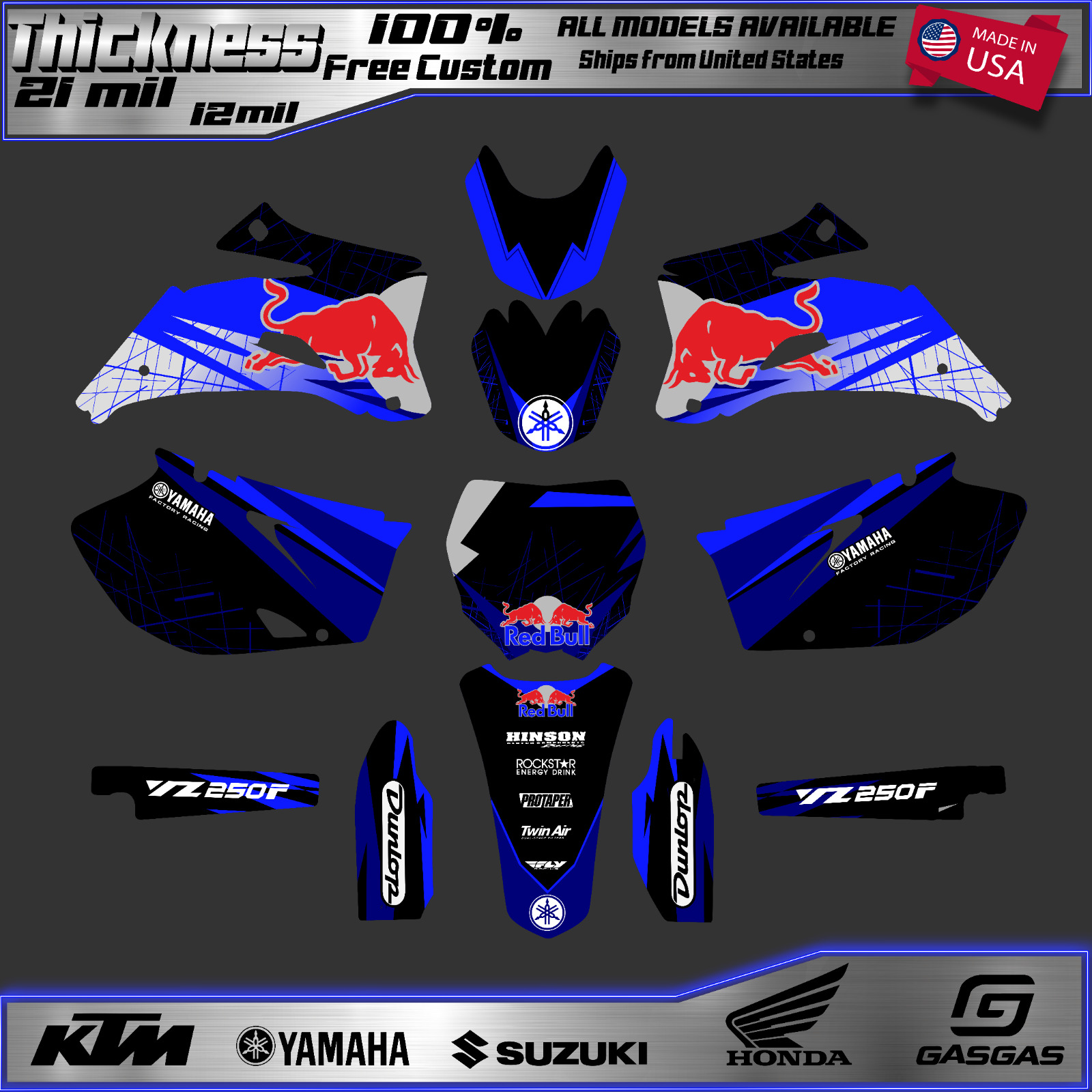 Yamaha YZ 250F/450F 2006-2009 Blue Red Bull Graphics Kit - Customizable