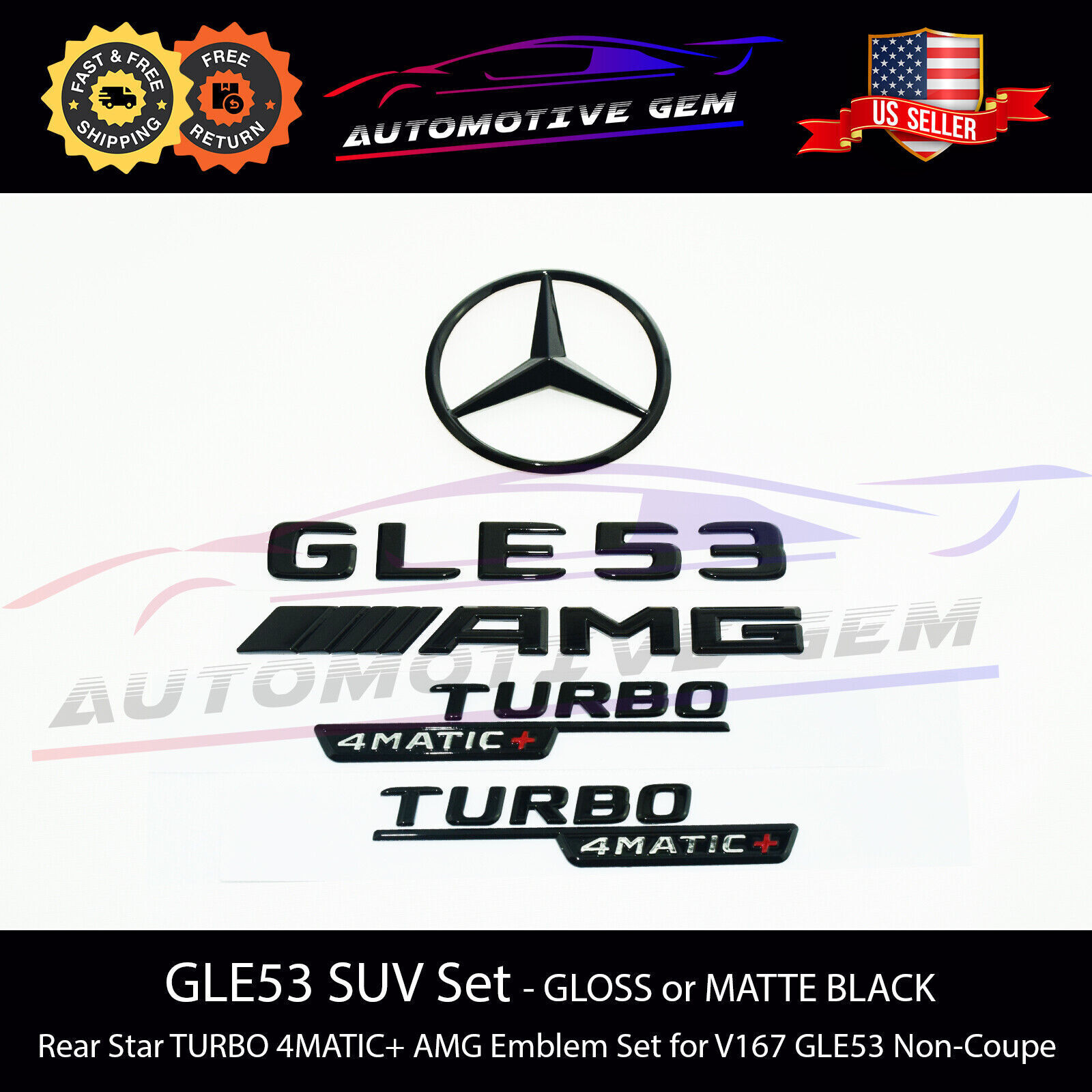 GLE53 AMG TURBO 4MATIC+ Rear Star Emblem Black Badge Set for Mercedes V167 SUV