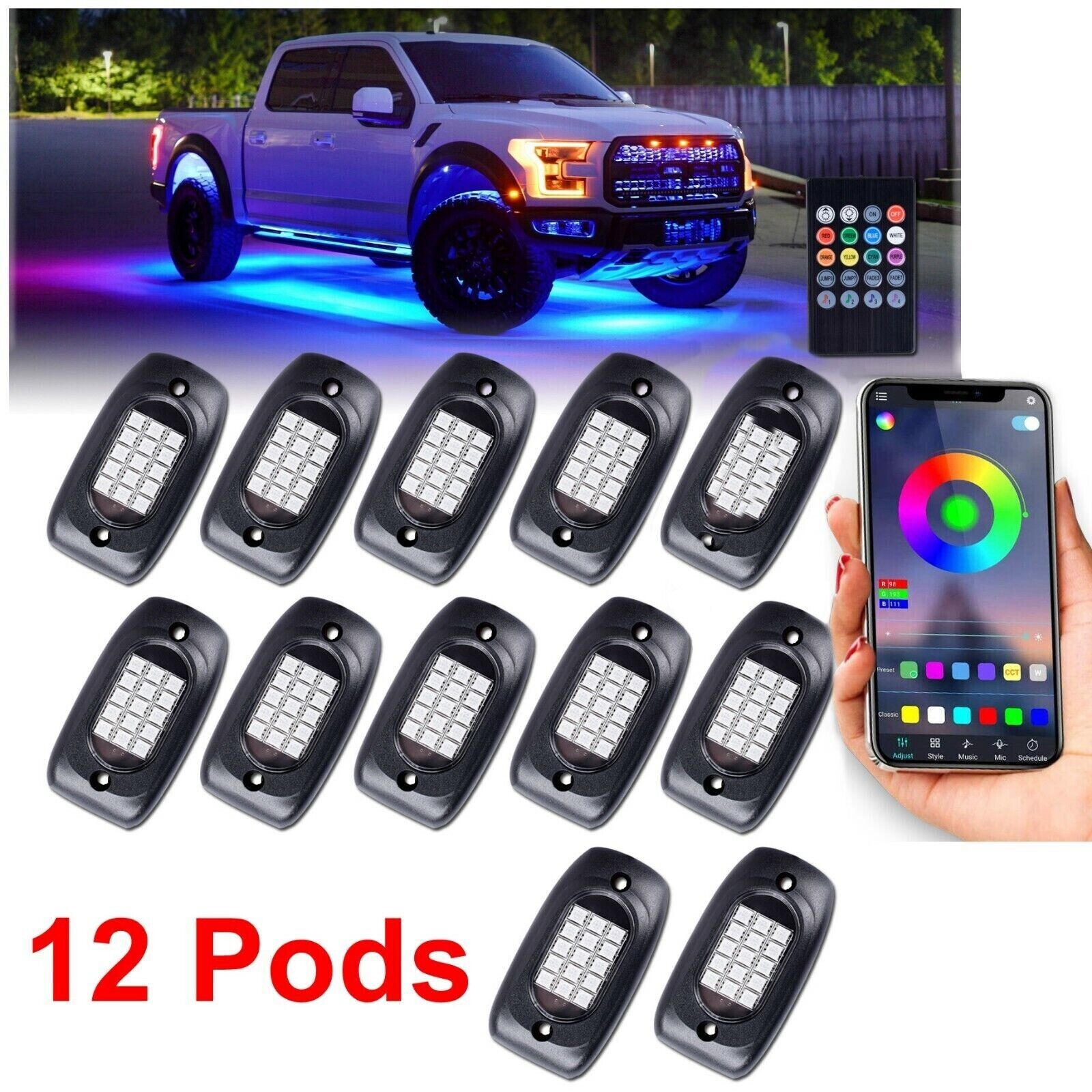RGB LED Rock Lights Underbody Wireless APP Music Chasing Offroad ATV 12V 12 Pods