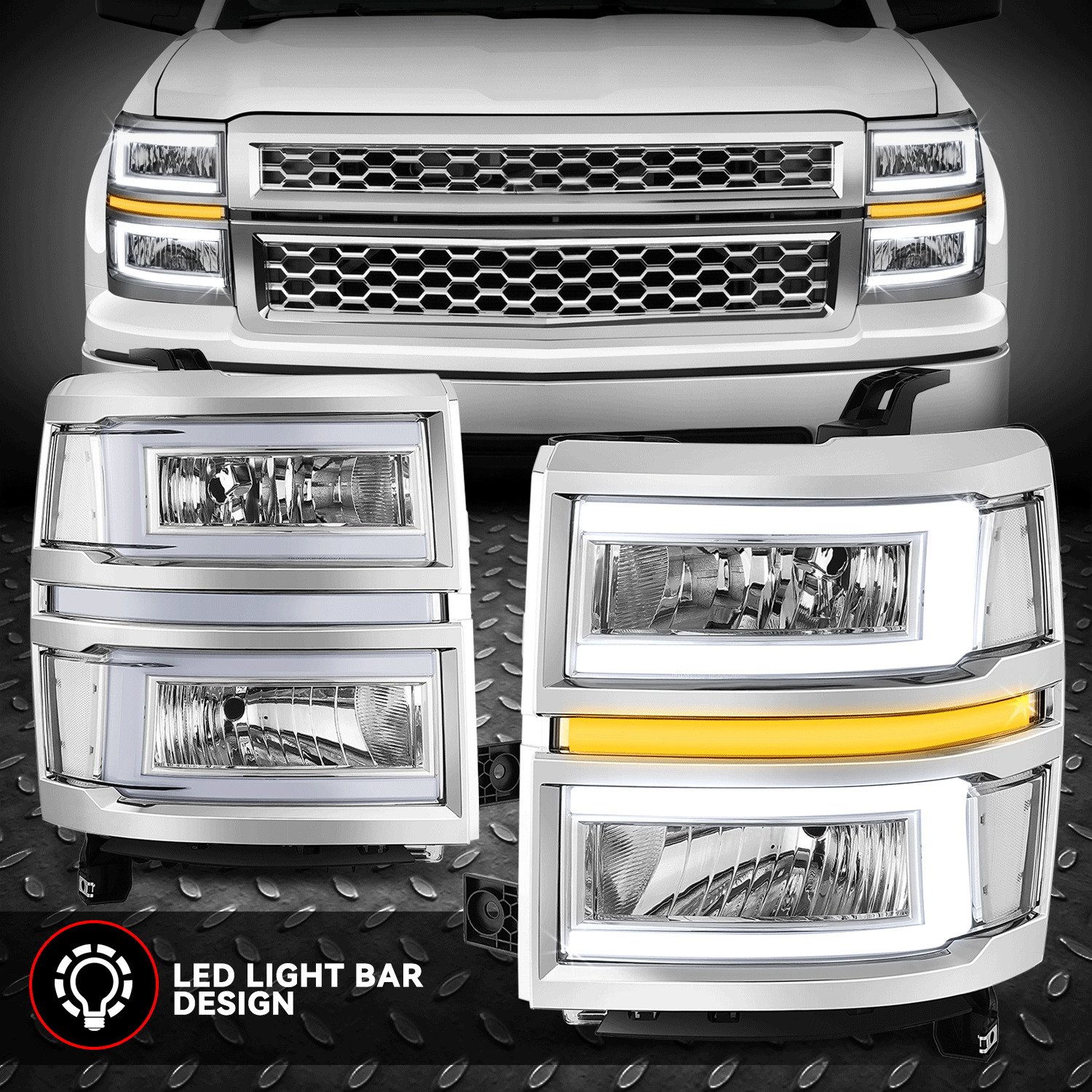 [C-LED Sequential Signal] For 14-15 Chevy Silverado 1500 Headlights Chrome/Clear