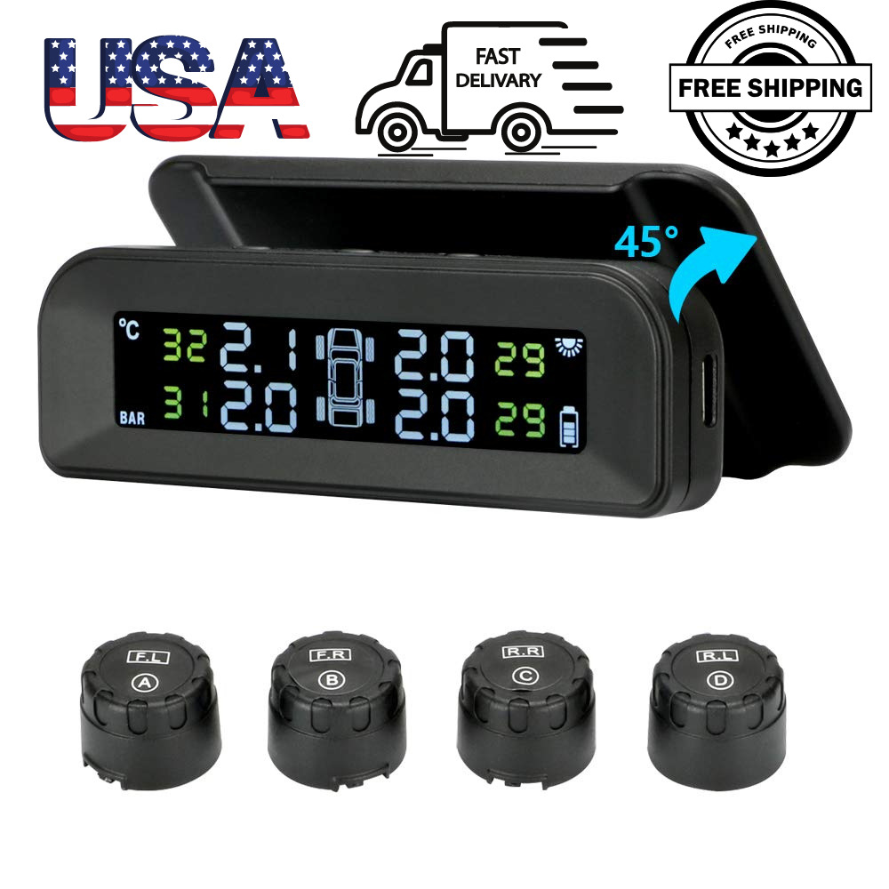 Wireless TPMS Monitor Car Tire Solar Powered LCD Display with 4 External Sensors