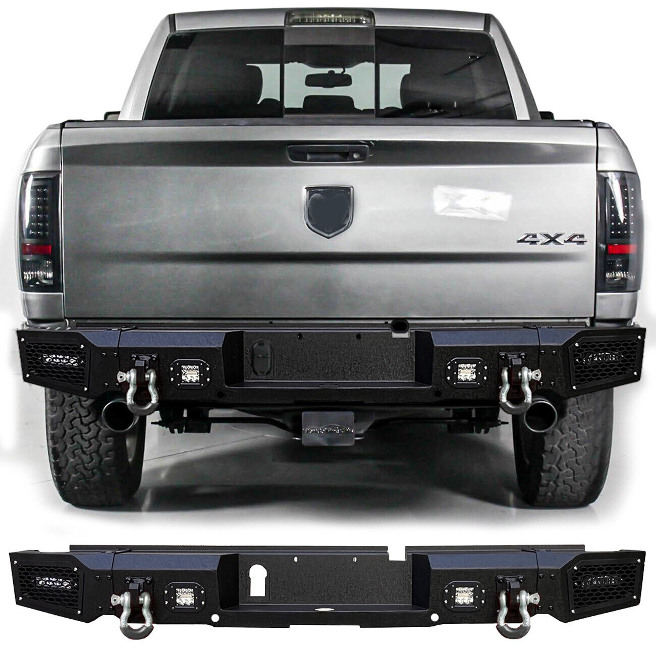 Vijay For 2013-2018 Dodge Ram 1500 Texture Rear Bumper with LED Lights + D-rings