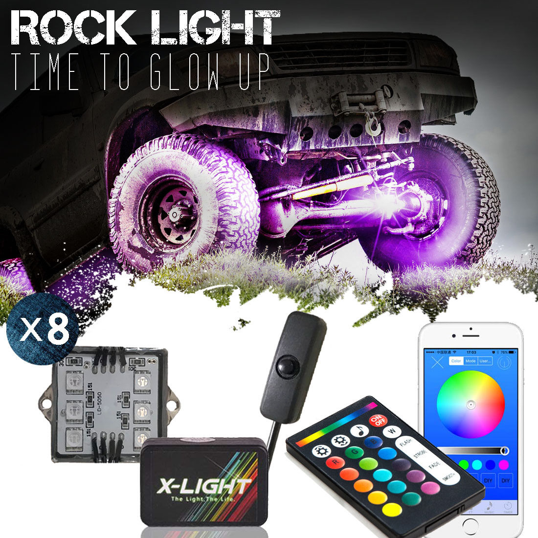 8x Pod RGBW LED Rock Light Offroad Wireless Bluetooth Remote Music Controller