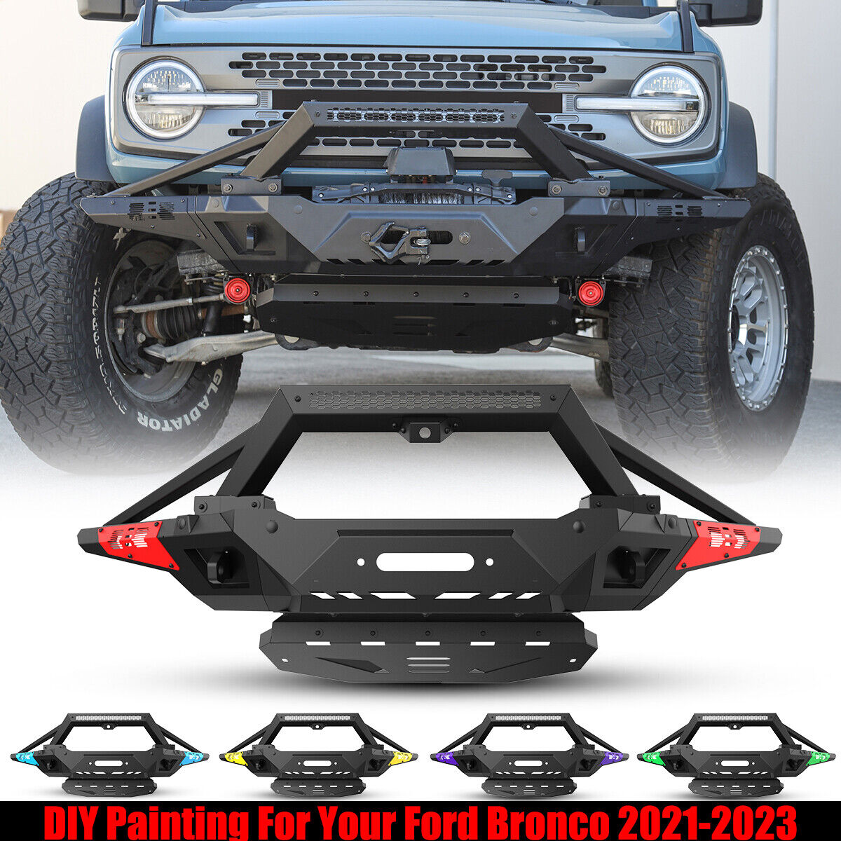Front Bumper For 21-23 Ford Bronco W/Side Wings Bull Bar Skid Plate with Mount