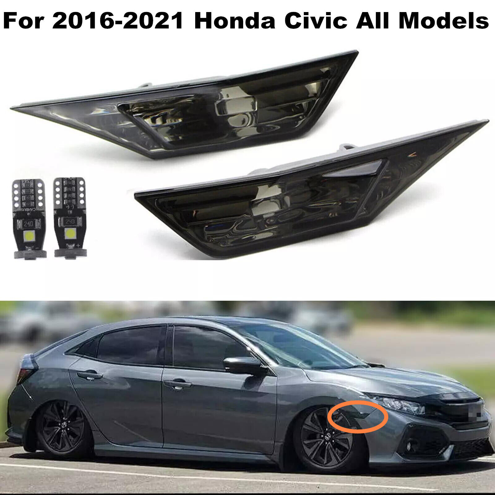 Smoked Side Marker Lamp Turn Signal Light W/ Led Bulbs for Honda Civic 2016-2021