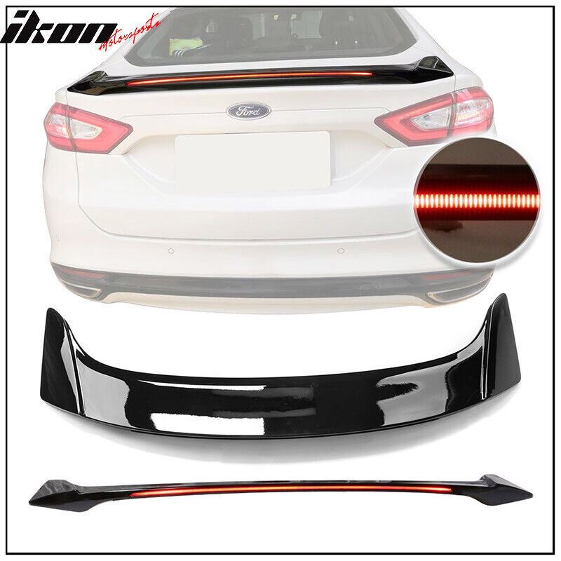 Fits 13-20 Ford Fusion Long LED Style Trunk Spoiler Gloss Black ABS W/ LED