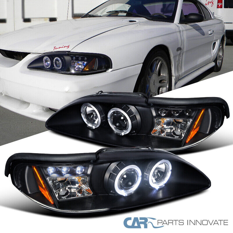 Fit Ford 94-98 Mustang Cobra GT Black LED Halo Projector Headlights Head Lamps