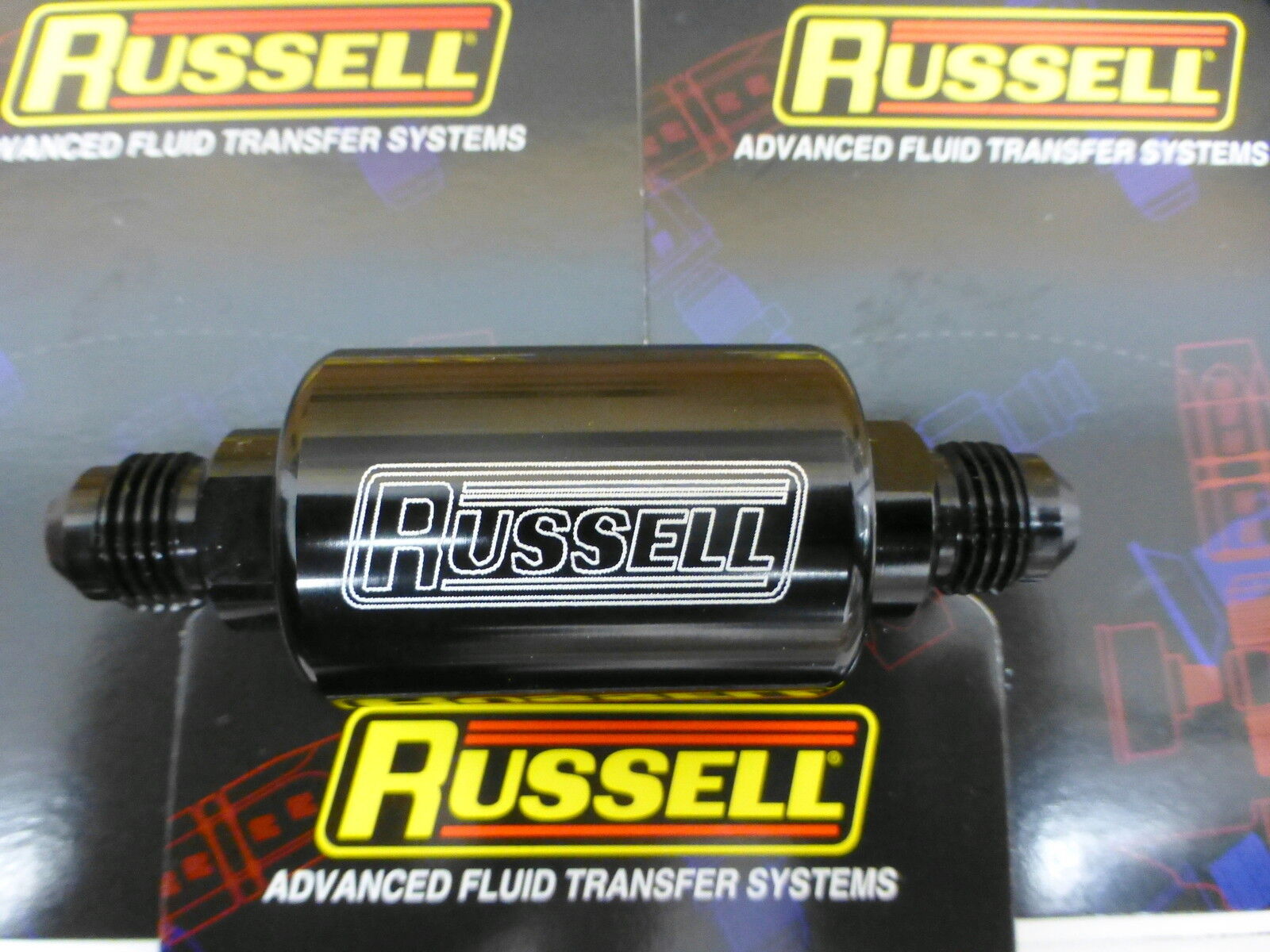 Russell 650133 Competition Fuel Filter -6 AN Male Inlet Outlet Black Anodized