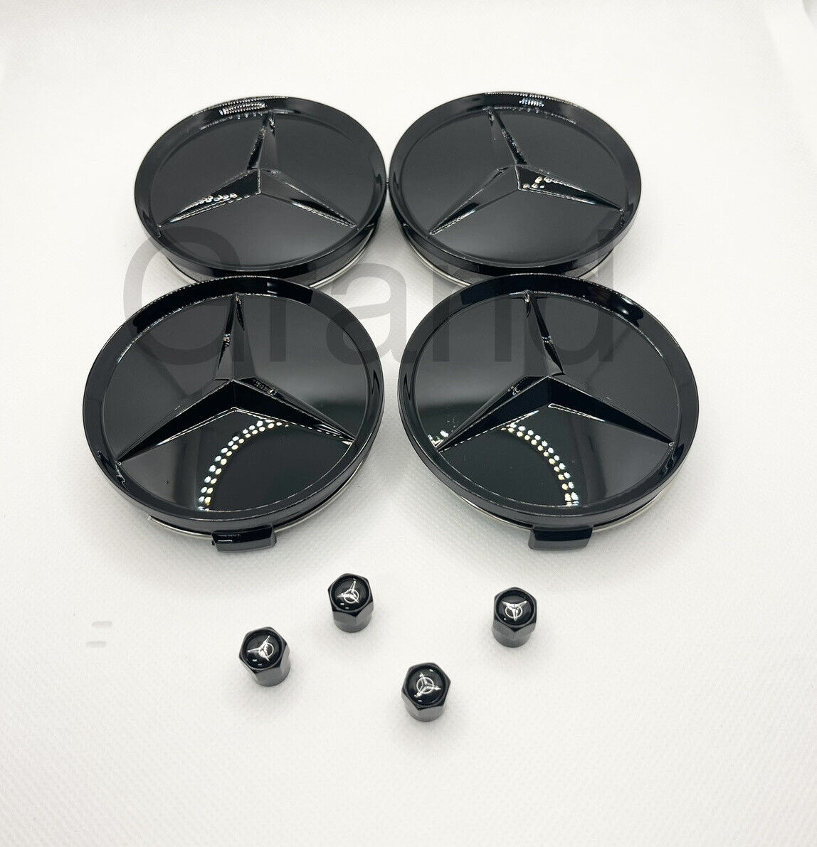 8pc For Mercedes-Benz Wheel Center Cap & Tire Air Valve Cap Set Gloss Black 75mm