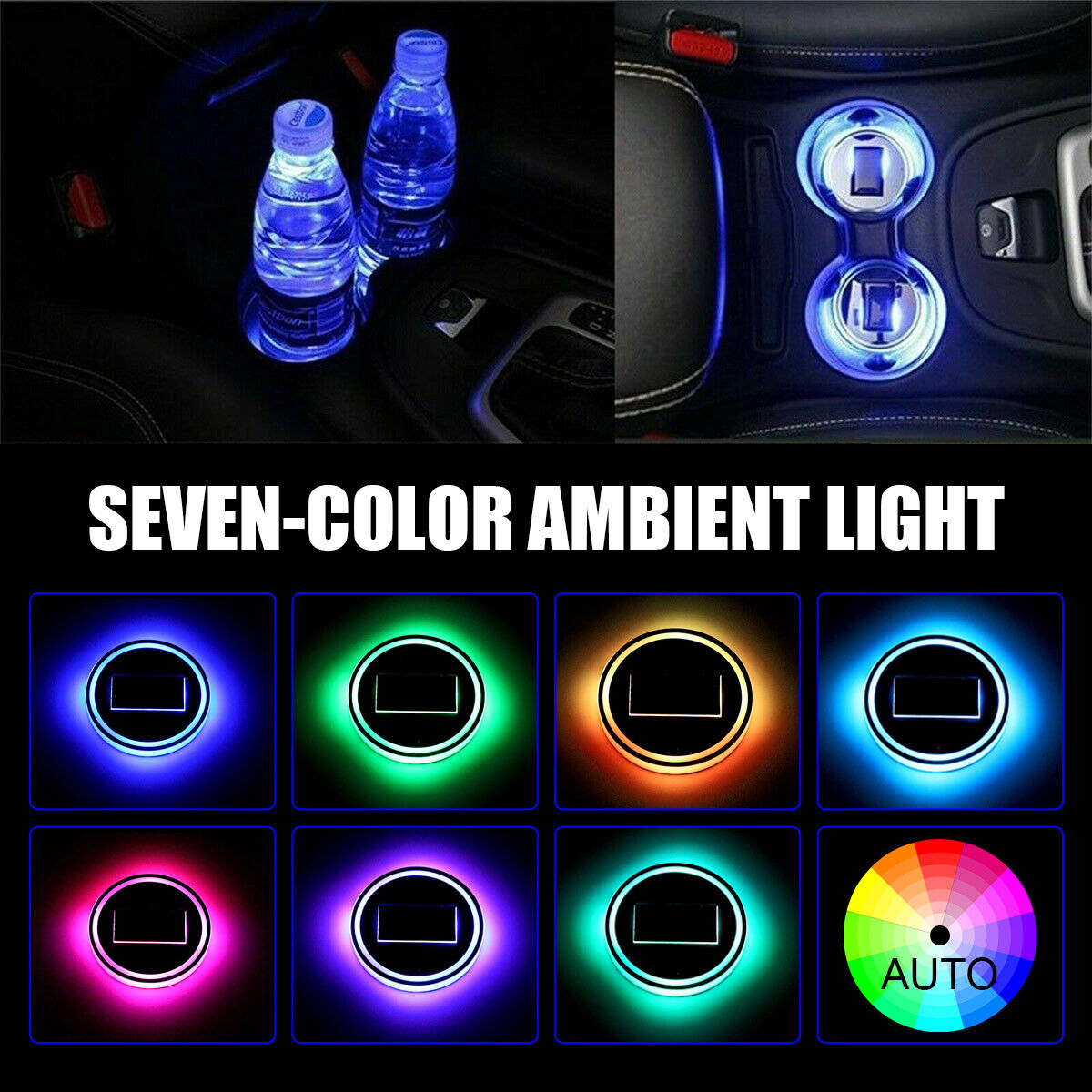 2x LED Solar Cup Pad Car Light Cover Interior Decoration Car Light Accessories