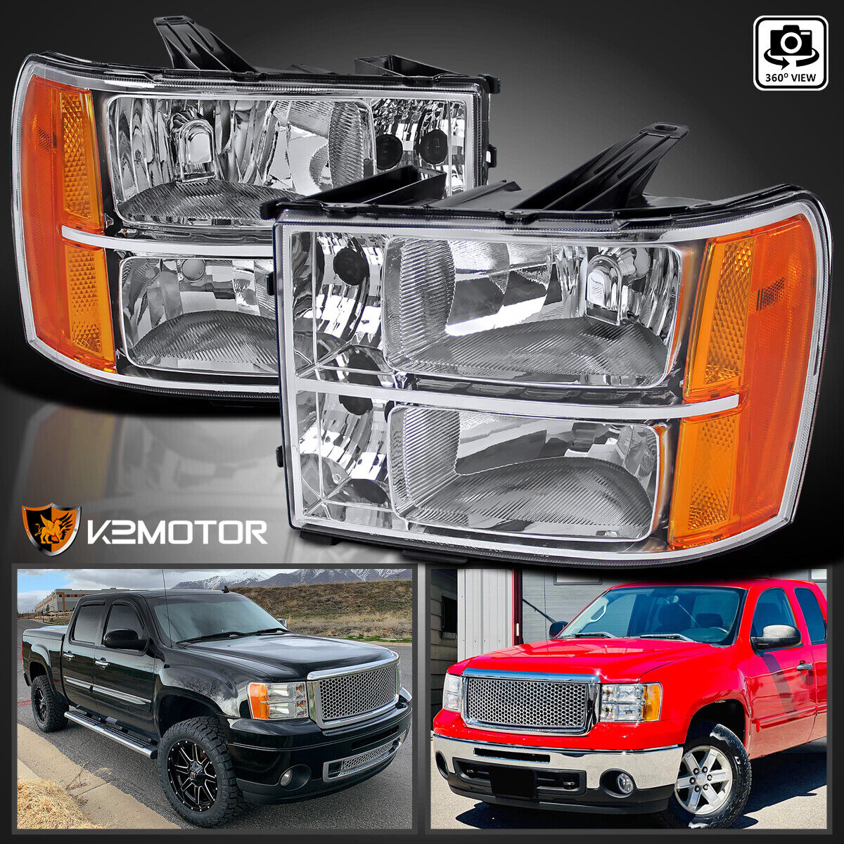 Fits 2007-2013 GMC Sierra 1500 2500HD 3500HD Replacement Headlights Left+Right