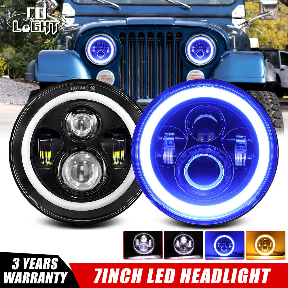 2x 7\'\' Round LED Headlights Hi/Lo Amber/Blue Halo for Jeep Wrangler CJ 1944-1986