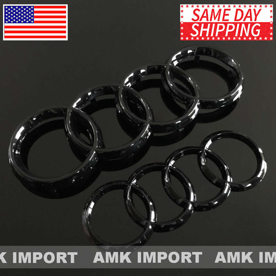 Audi Rings Emblems Gloss Black Front Grill + Rear Trunk 06-12 A3 S3 A4 S4 RS4 A5