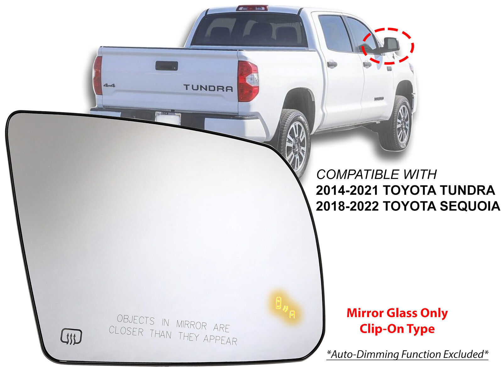 For Mirror Glass Blind Spot Toyota 2014-21 Tundra 2018-22 Sequoia Passenger Side