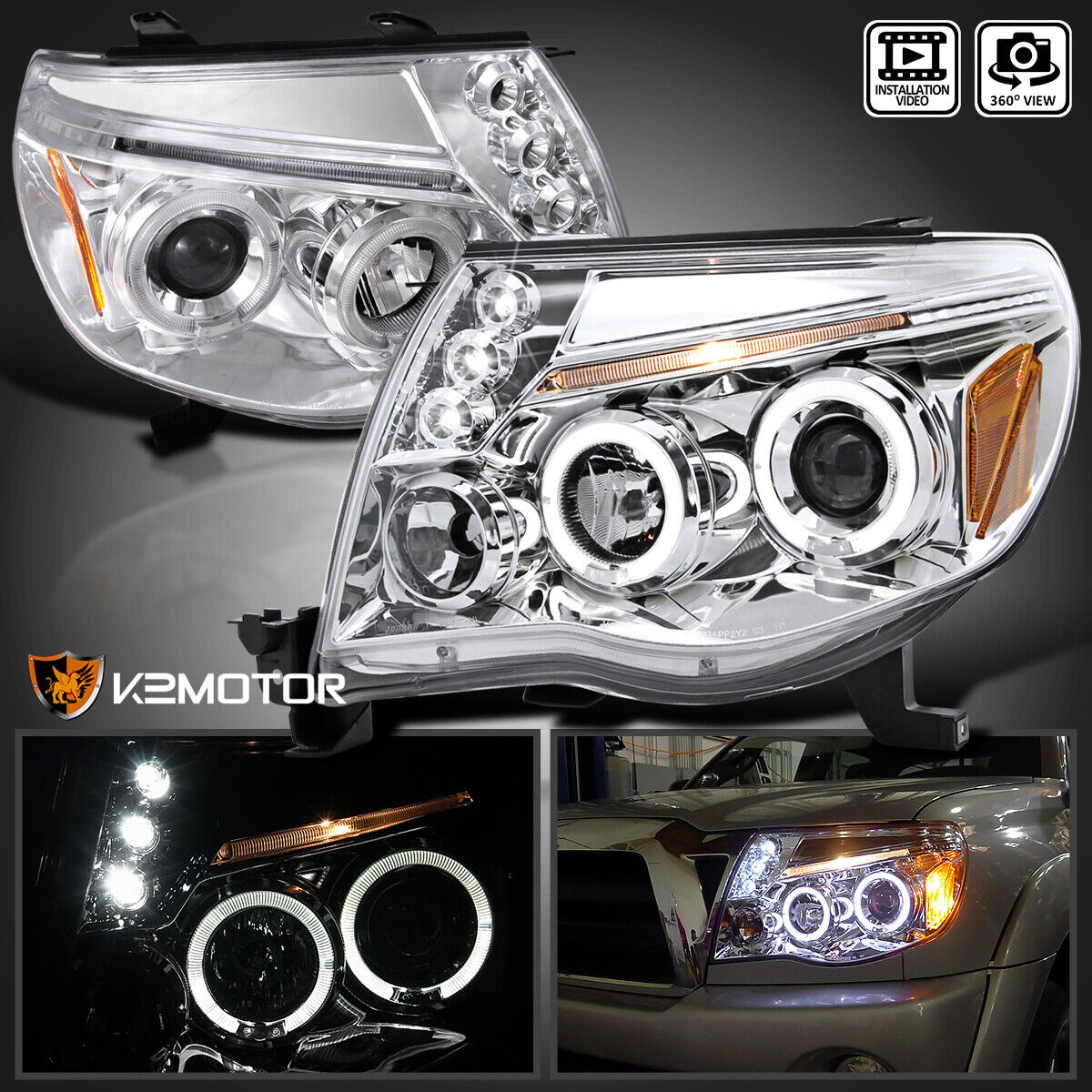 Clear Fits 2005-2011 Toyota Tacoma LED Halo Projector Headlights Left+Right