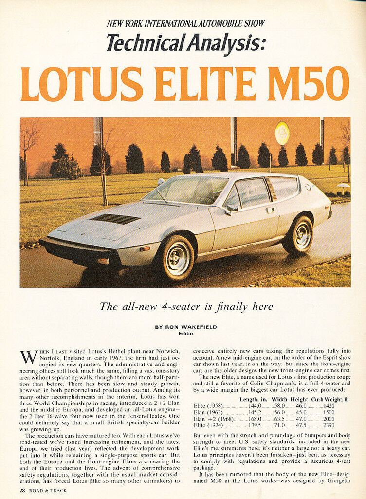 1974 Lotus Elite M50 Technical Analysis - Car Original Print Article J189