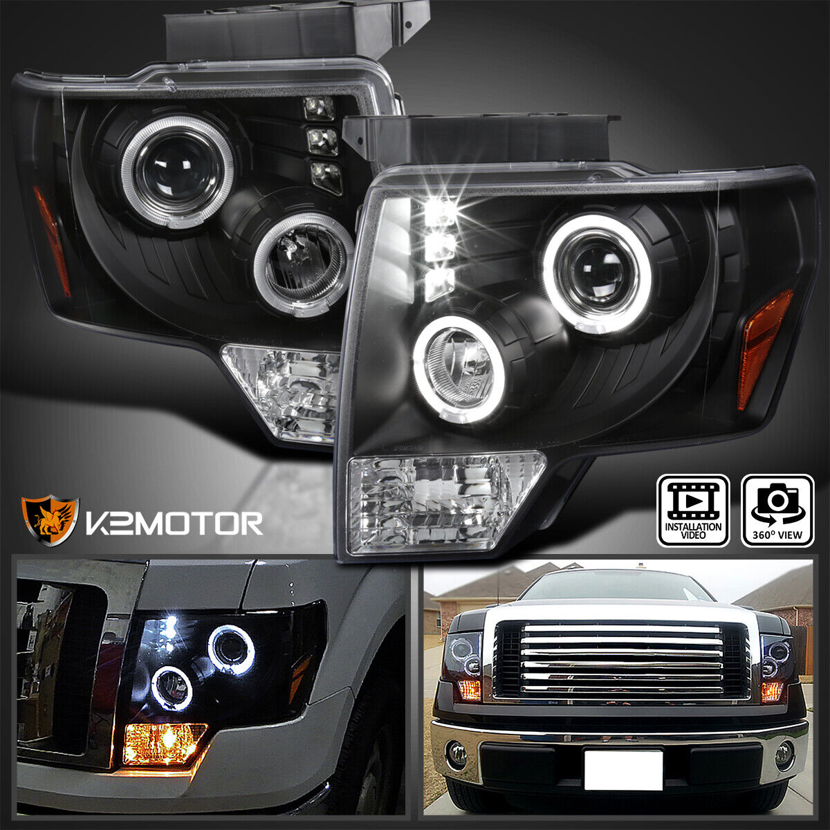 Black Fits 2009-2014 Ford F150 LED Halo Projector Headlights Lamps Left+Right