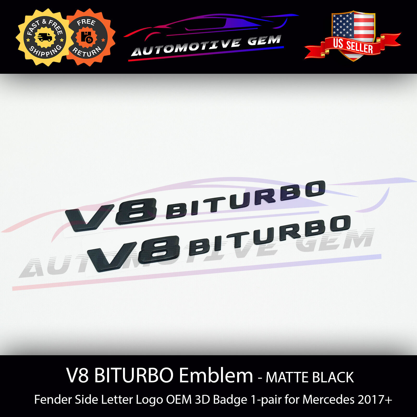 V8 BITURBO Fender Side AMG Emblem Matte Black Logo Badge Mercedes C63 E63 G63