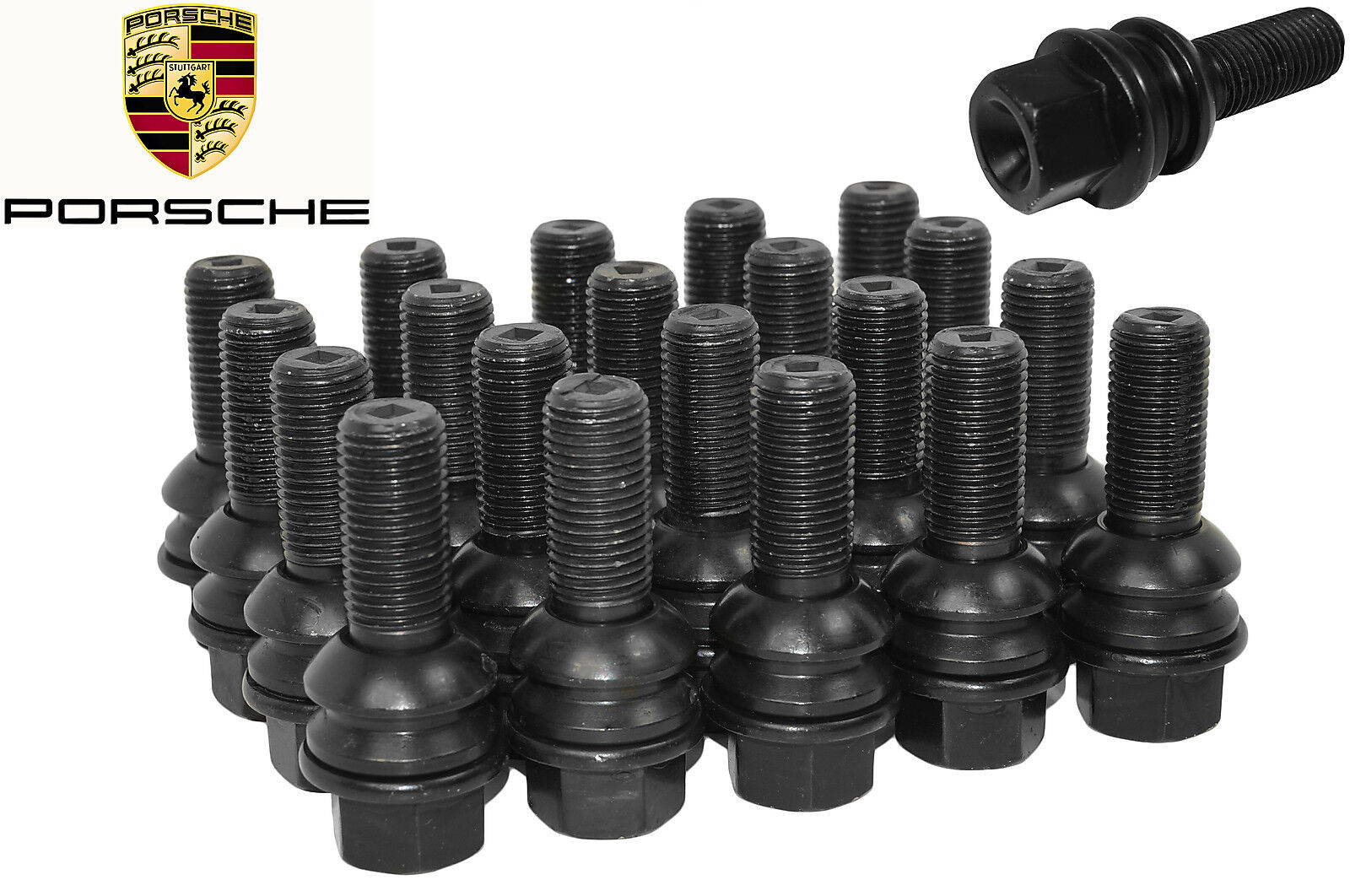 20 New Porsche OEM Black Lug Bolts ( 28 mm ) 14x1.5 Ball Seat R14 Bolt W/ Washer