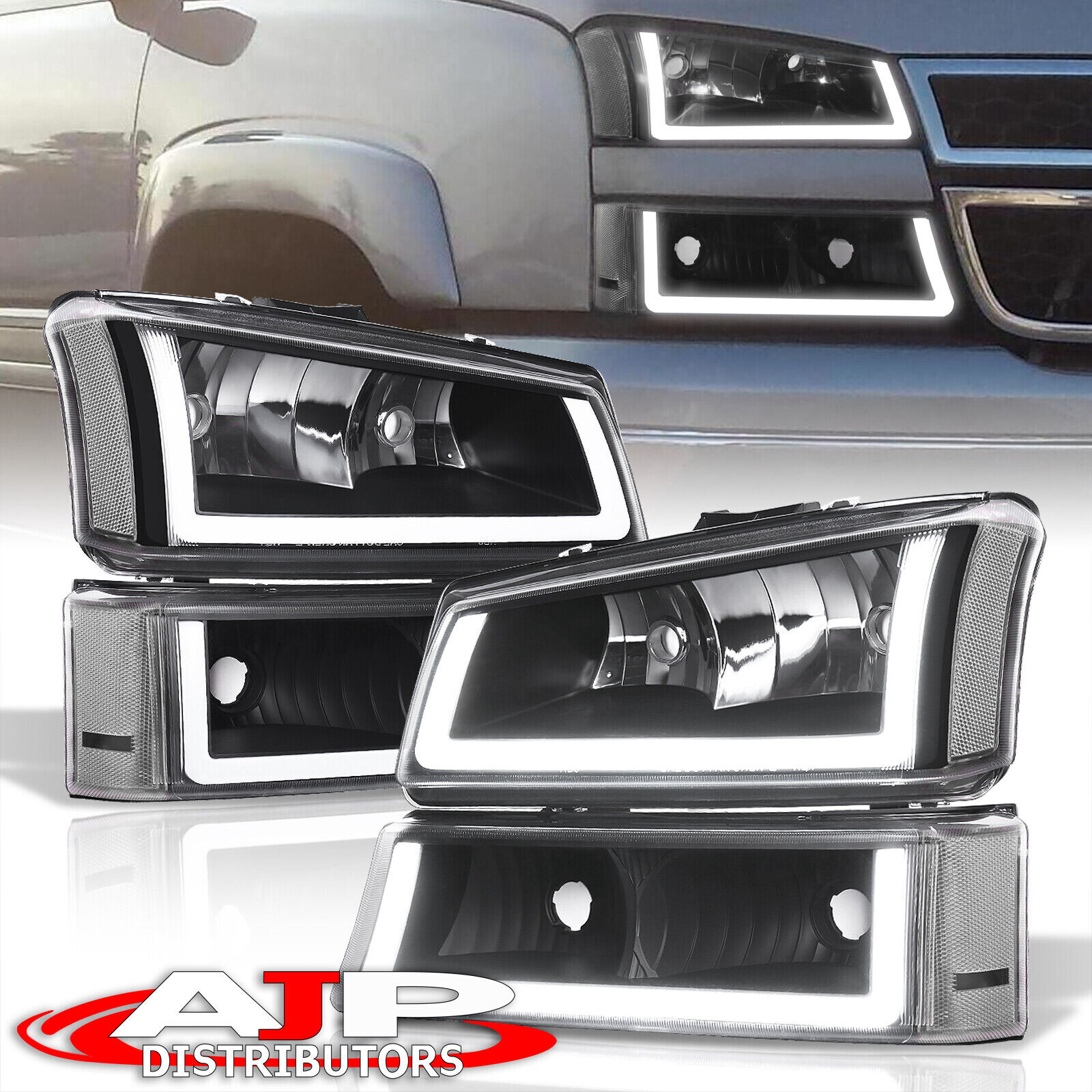 Black 4PC LED DRL Head Lights + Bumper Lamps LH RH For 2003-2006 Chevy Silverado